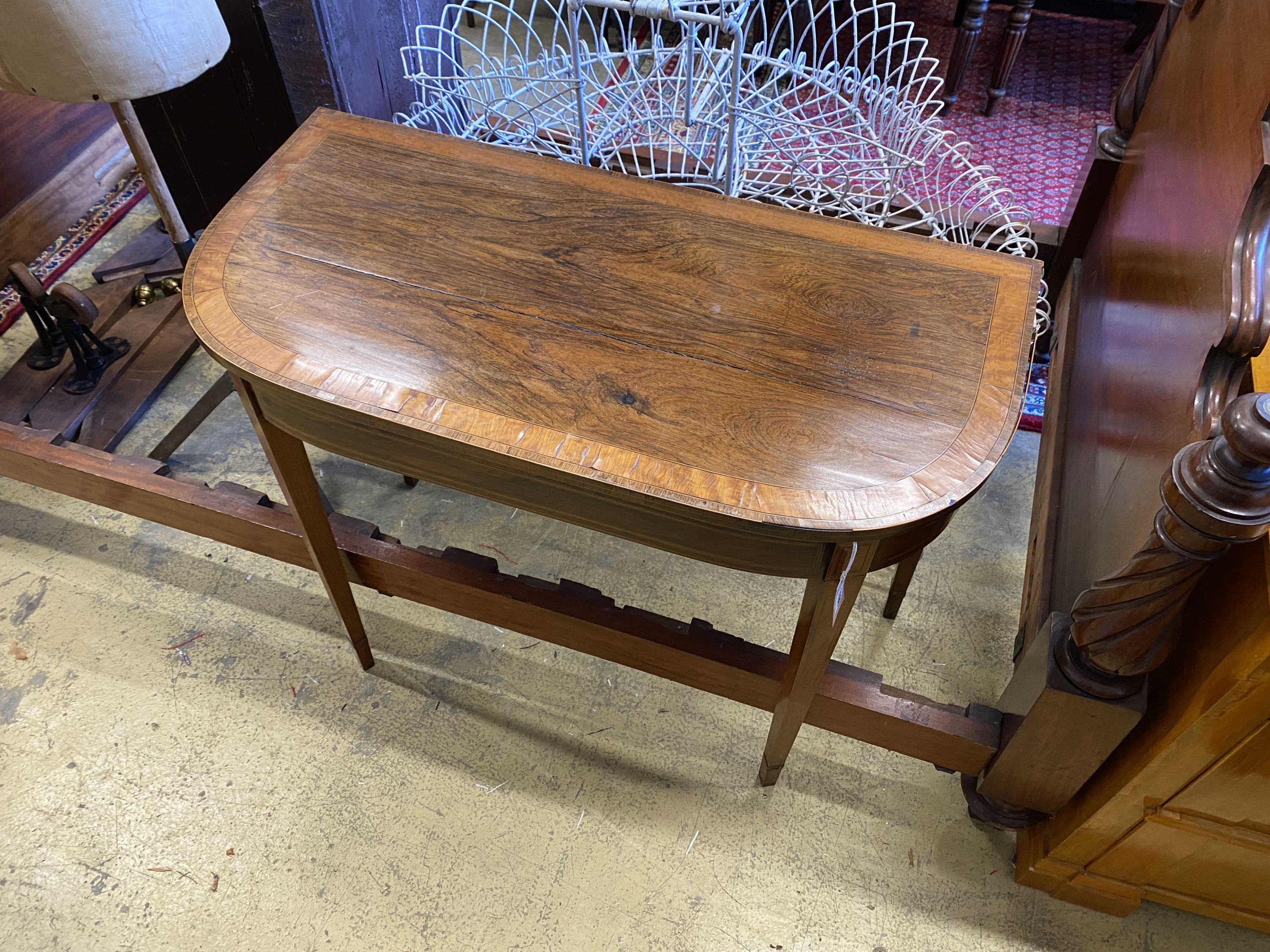 A George III satinwood banded rosewood rectangular folding card table, width 92cm, depth 45cm, height 74cm